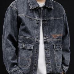 依郎酷牛仔外套男宽松工装牛仔夹克男士春季休闲牛仔衣男生字母刺绣翻领大码胖子潮牌外衣